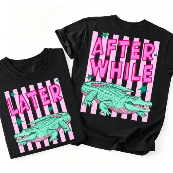 Later After While Retro Pink Striped Cartoon Alligator Front And Back Print Graphic Short Sleeve T-Shirt, Unisex Summer Vacation Back To School Fun Animal Casual Tops, 100% Pure Cotton Printed Craft Summervibes Tee, Soft Breathable Relaxed Fit everyday ou