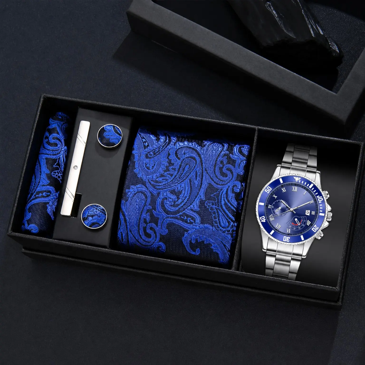 Men's Quartz Watch Set with Tie, Handkerchief, Cufflinks, Clip, Perfect Gift for Business, Birthday, Thanksgiving, Father's Day, Accessory Set