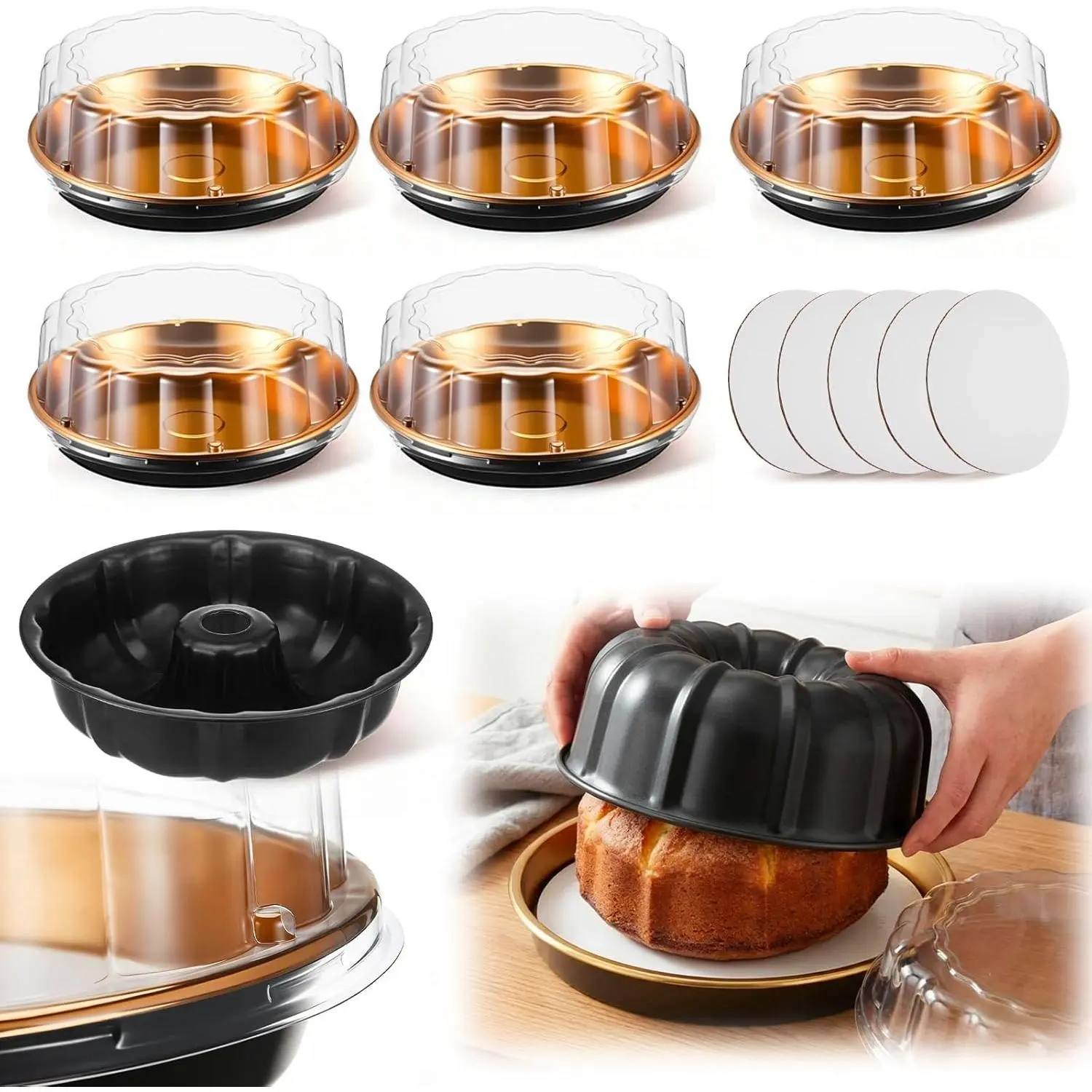 11 Pcs Complete Cake Baking & Transport Kit with 1 Nonstick 9.5" Ring Cake Pan 5 11" Clear Gold Dessert Carriers with Lid and 5 White Dessert Boards, Disposable Supplies for Home Bakers