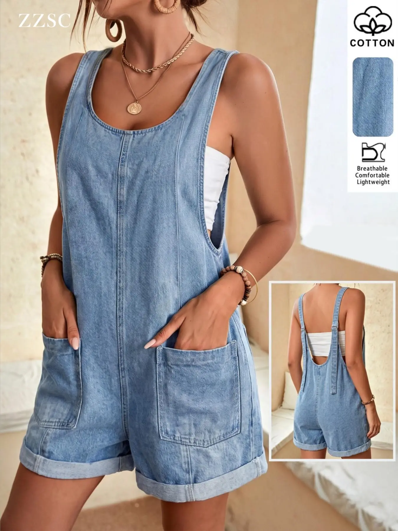 Lazy Age-Defying Jeans! Washed Denim Light Wash Bib Shorts, Loose Fit, High Waist, Adjustable Straps, Casual Everyday Wear, Comfortable and Stylish