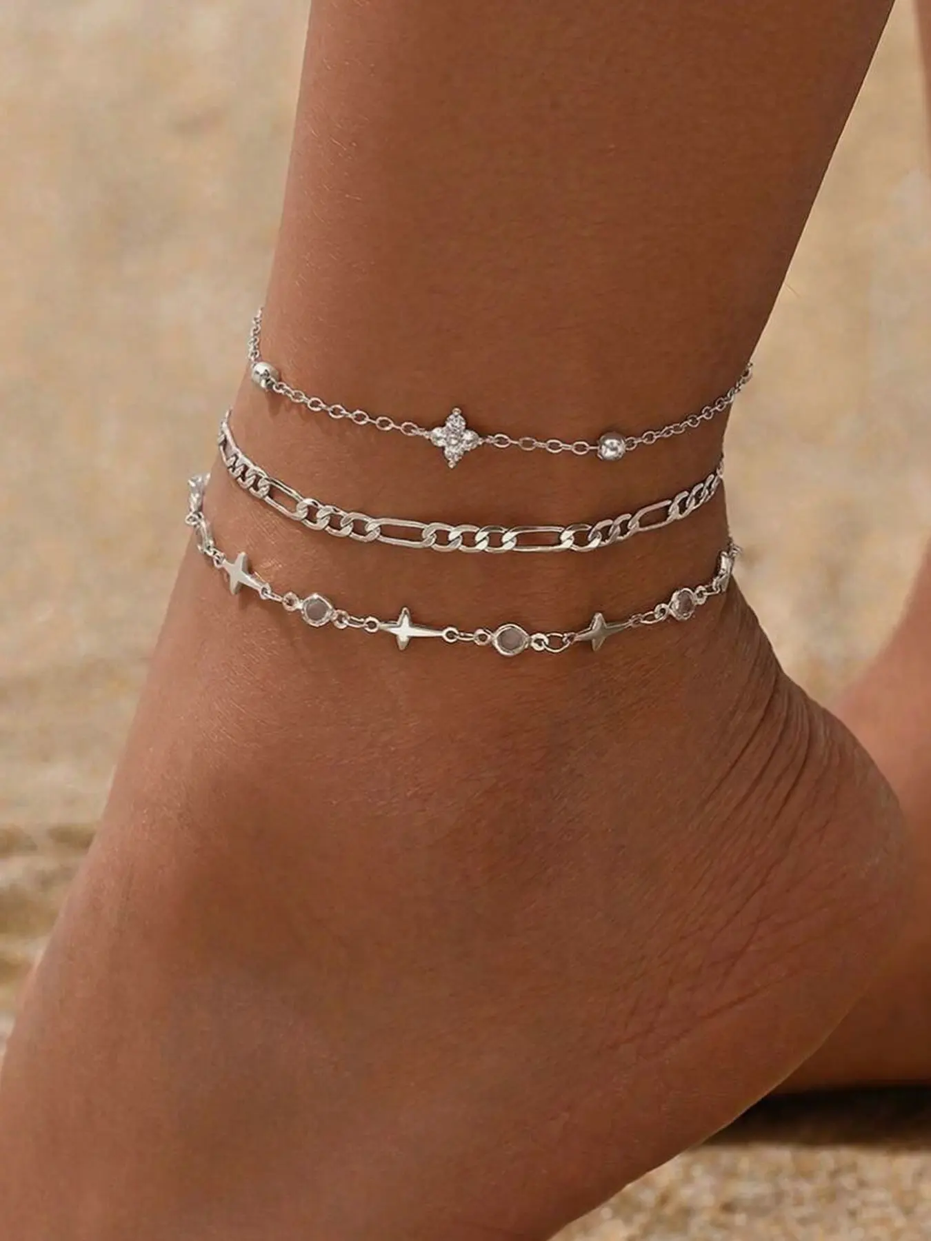 3-Piece Fashion Handmade Chain Set, Transparent Heart Crystal Clover Bracelet, Adjustable Silver Color Layered Stackable Anklet, Perfect for Daily Wear