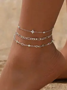 3-Piece Fashion Handmade Chain Set, Transparent Heart Crystal Clover Bracelet, Adjustable Silver Color Layered Stackable Anklet, Perfect for Daily Wear