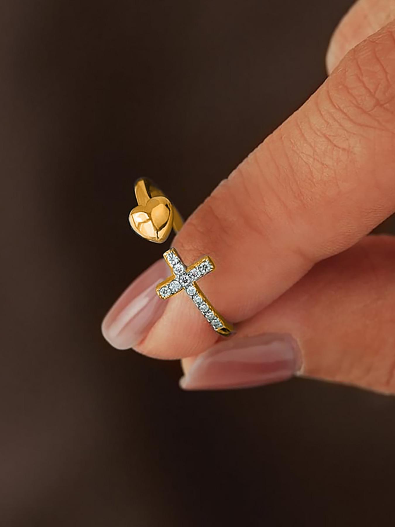 S925 Sterling Silver Cross & Heart Design Cuff Ring, Adjustable Christian Religious Ring, Inspirational Jewelry Gifts for Ladies, Fashion To Enhance Your Faith Purity Ring, Elegant Ring