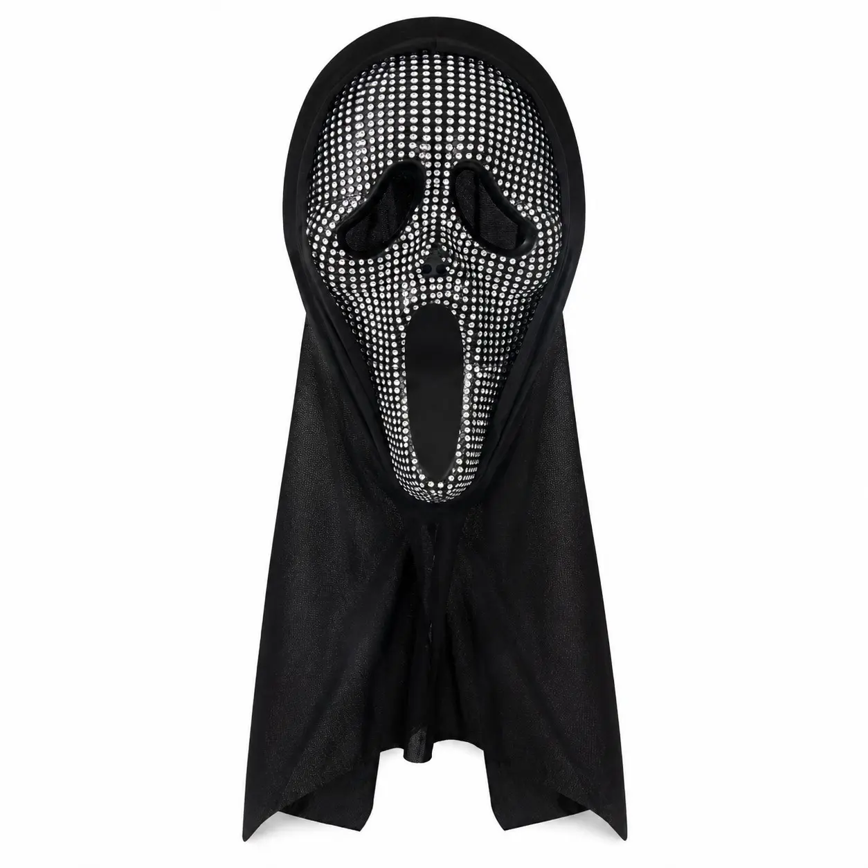 Rhinestone Ghost Face Costume Mask with Black Hood, Halloween Party Cosplay Mask, Sparkling Horror Masquerade Dress Up Accessory