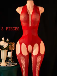 Women's Sexy Mesh Bodysuit, Stretchy Tight Fit, Sheer Teddy Lingerie, Exotic Nightclub Party Underwear, Elegant Evening Wear