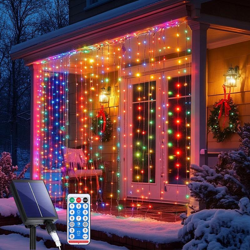 Solar Powered LED Curtain Light String, LED Light String with Remote Control & Timer, Solar Strip Lights, Decorative Light for Home, Garden, Balcony, Garden Decorations