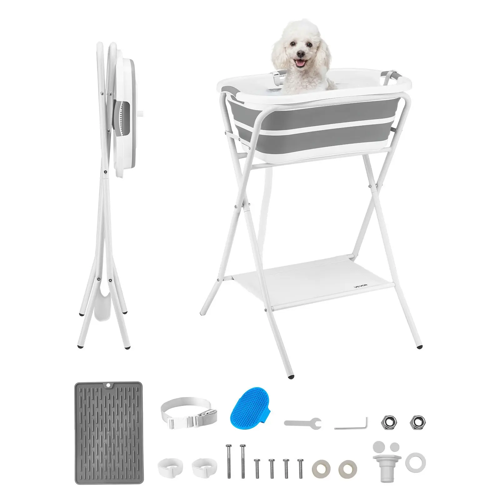 VEVOR Elevated Dog Bathtub, 2-in-1 Collapsible Pet Bathing Grooming Wash Station, Portable Space-saving with Built-in Drain Outlet & Hose, 26.2 x 26.3 x 37.2 in, for Small Dogs/Cats, Home/Travel Clean & Drying, Gray & White