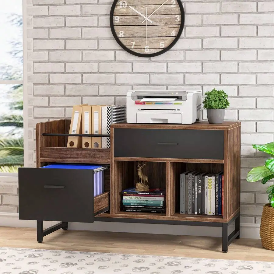 Rustic Brown 39 Inch File Cabinet With 2 Drawers, Lateral Filing Cabinets, Printer Stand With Open Storage Shelves And Letter Size/A4 Size Drawer Home Office