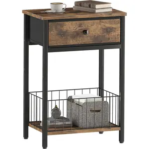 Industrial Nightstand with Fabric Drawer, 3-Tier End Table with Bottom Mesh Basket, Bedside Table for Small Spaces, Rustic Brown & Black