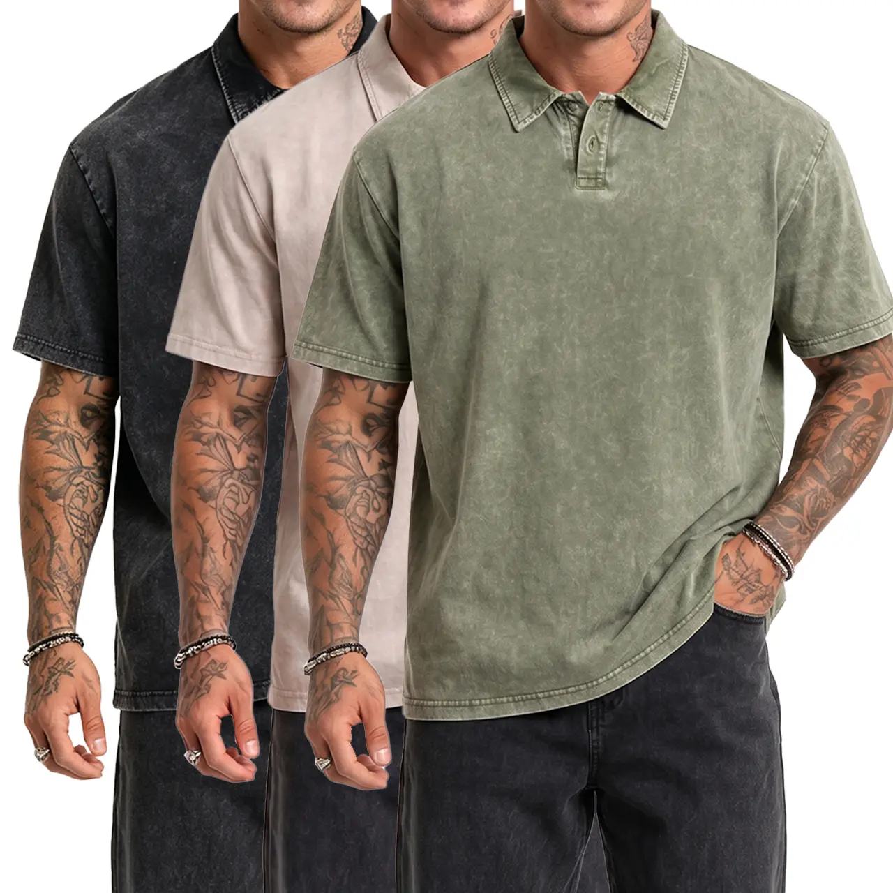 2/3 Pack Unisex Vintage Washed Polo Shirt, Loose-Fit Streetwear Top in Assorted Colorways for Casual Daily Wear and Easy Bottom Matching