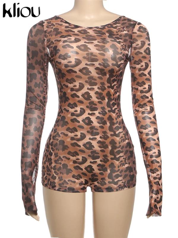 shapewear kliou Mesh Leopard Women Playsuits Sexy Hot Thin See Through Backless Full Sleeve Bodyshaping Romers Female Stunning Clubwear Womenswear Bodysuit Overalls Leopard_Brown Tops Halter Plaid