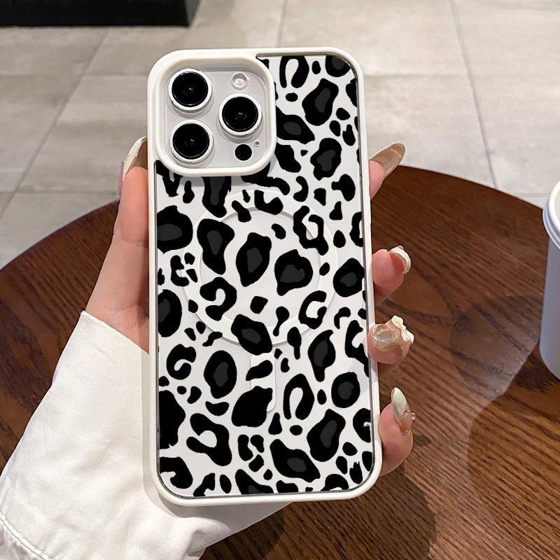 MagSafe Case Compatible with iPhone 17 16 E Pro Max 15 Plus 14 13 12 11 Air Black - White Leopard Lure Clear Acrylic Back Drop Protection Pocket-Friendly Cellphone Cover Gift for Girl
