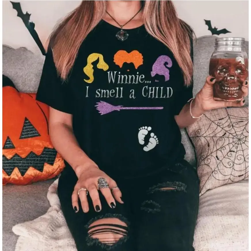 Winnie I Smell A Child Halloween Pregnancy T-Shirt, Sweatshirt, Hoodie – Funny Hocus Pocus Inspired Maternity Shirt with Baby Feet Print for Expecting Moms