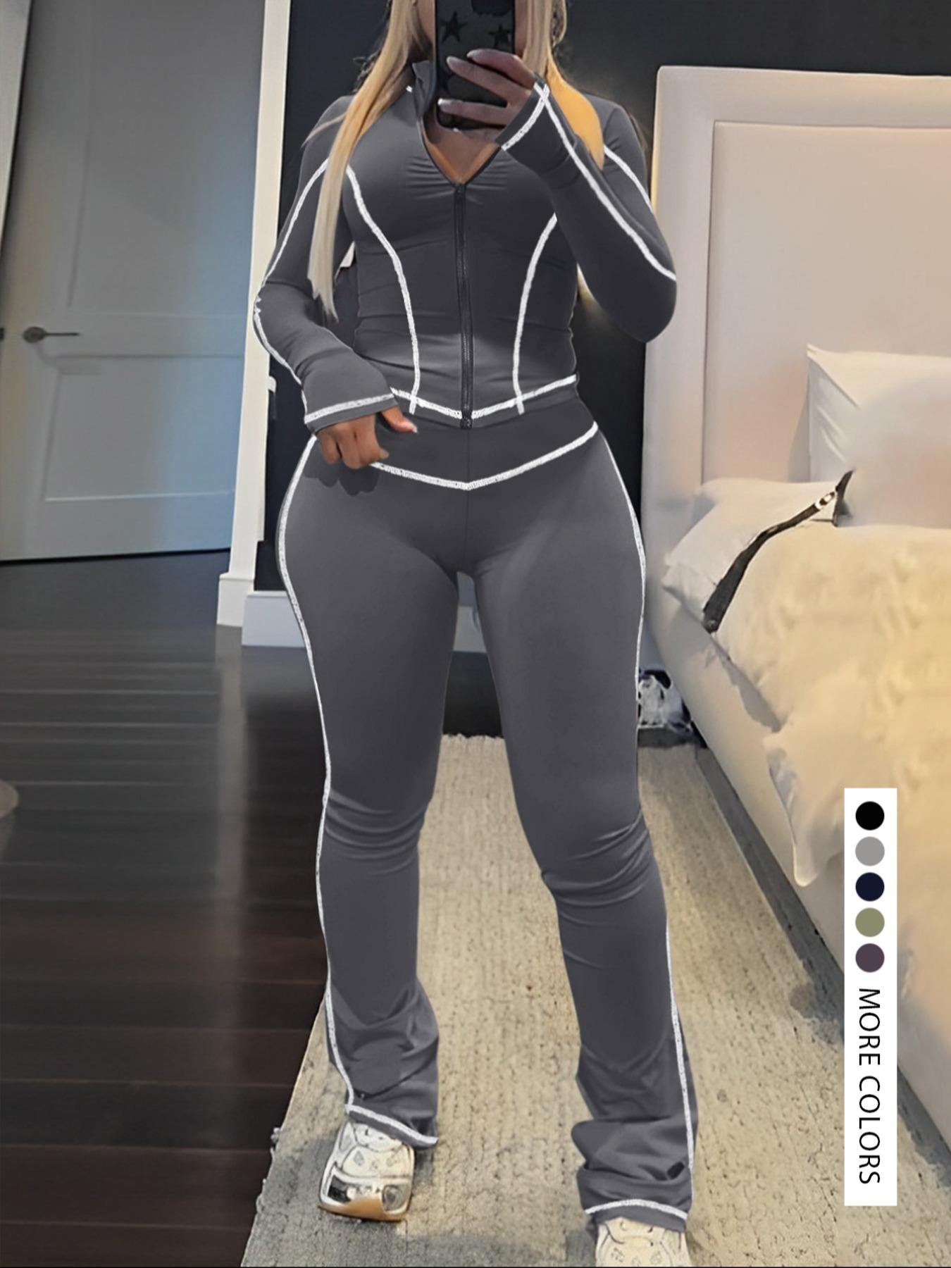 【LovelyWholesale】2026 FIFA World Cup Campaign Two-piece Set Women's Striped Zip Up Jacket & Pants, Street Fashion Streetwear Long Sleeve Outerwear & High Waist Trousers for Daily Wear, Ladies Spring  Clothes, Womenswear Perfect for All Seasons