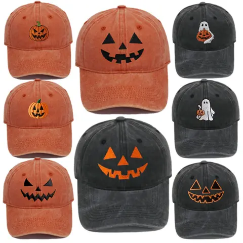 Washed Cotton Pumpkin Baseball Cap, Vintage Embroidered Dad Hat for Halloween, Unisex Adjustable Distressed Trucker Cap, Pumpkin Motif,sohochic