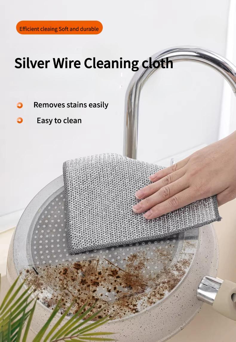 Thickened Dual-Layer Silver Wire Scrubber, Double-Sided Strong Cleaning, Oil-Resistant & Easy to Rinse, Kitchen Dishwashing Cloth