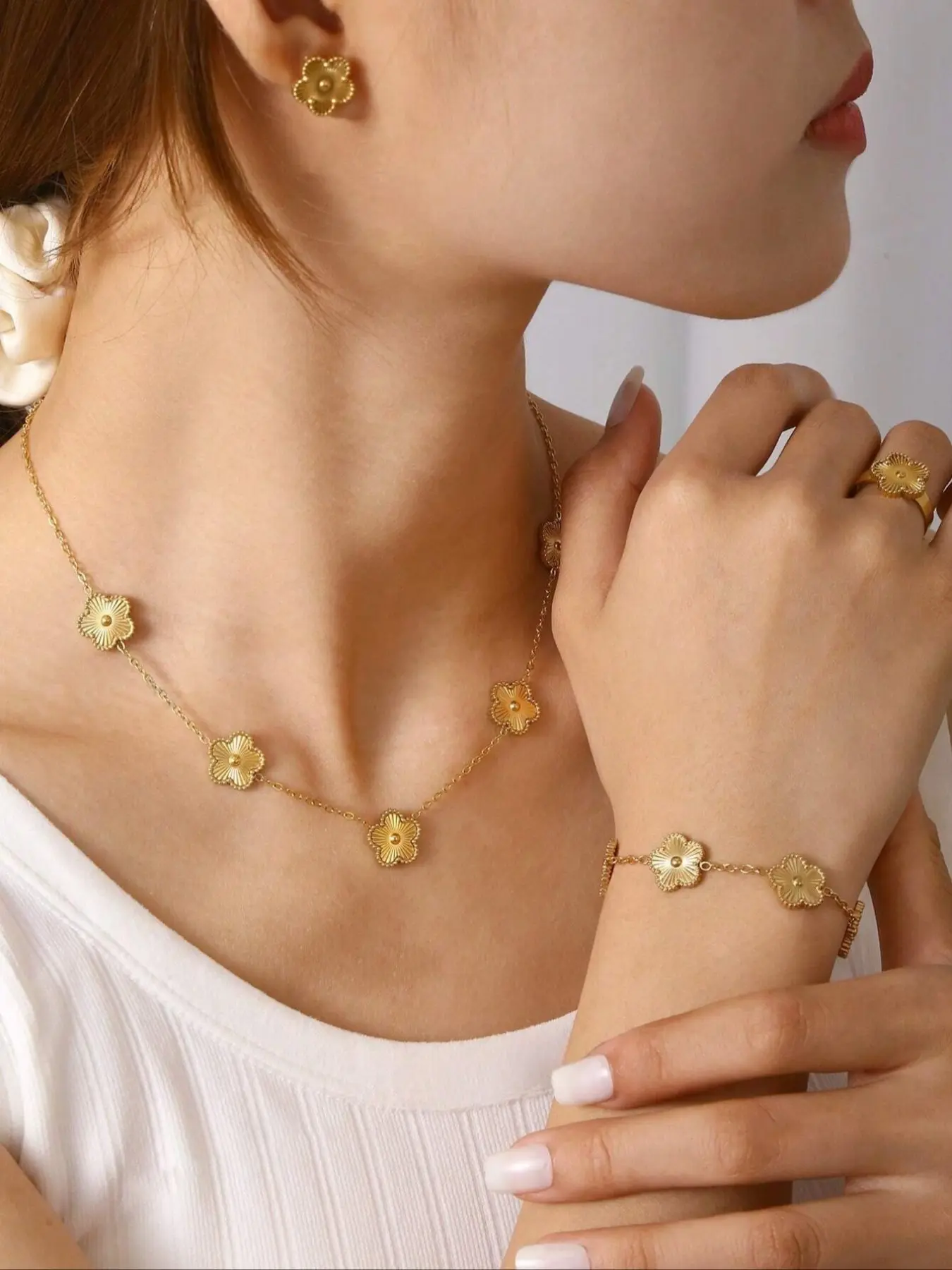Women's Lucky Flower Fashion Simple Necklace Bracelet Earrings Set, Elegant Women's Jewelry Sets Accessories, Perfect Gift, Daily Wear, Jewellery Gift Set