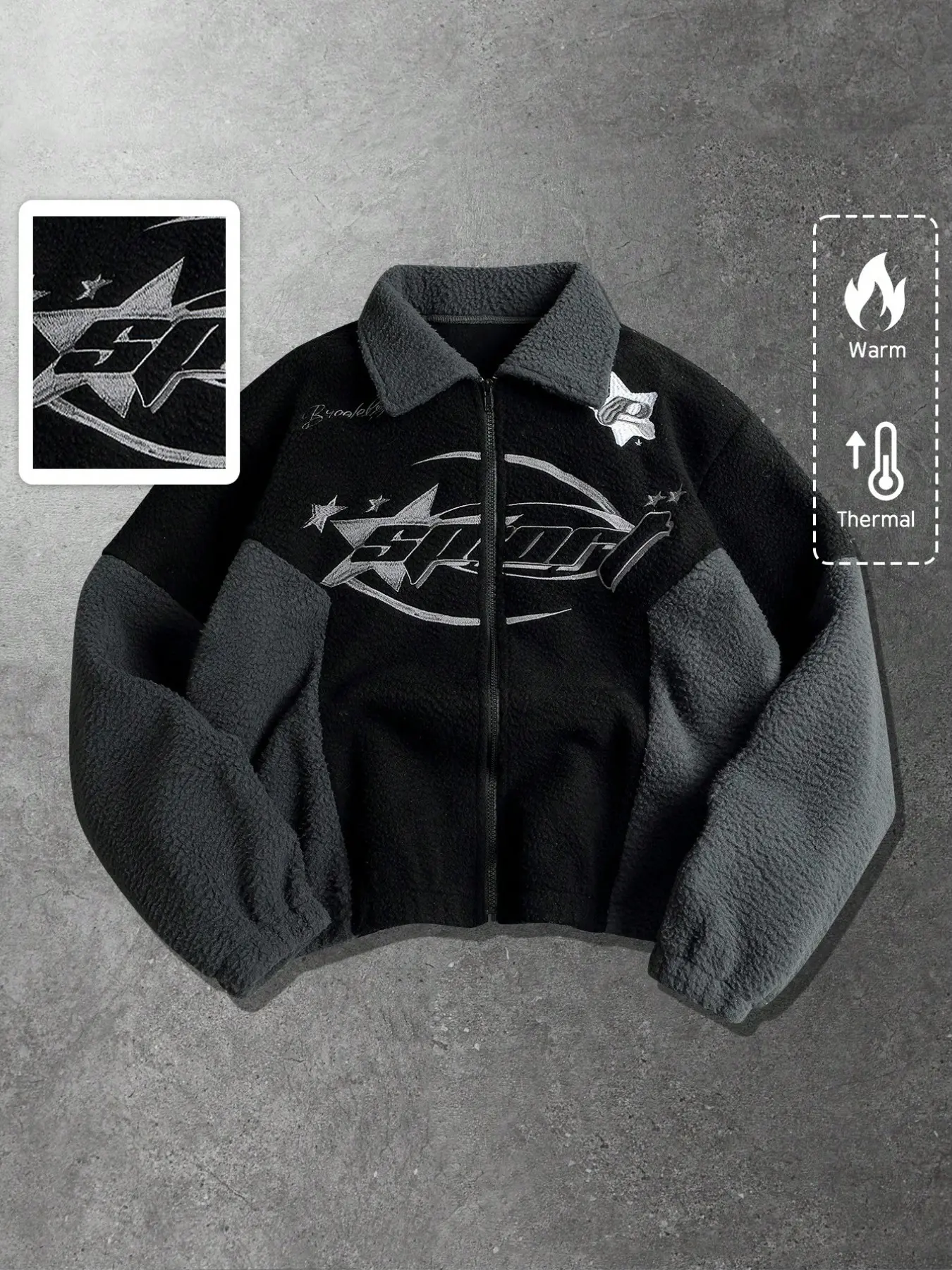 Men's Colorblock Short Lamb Fur Zipper Jacket, Thick Warm Fleece Star Embroidery, Vintage Street Coat for Fall Winter