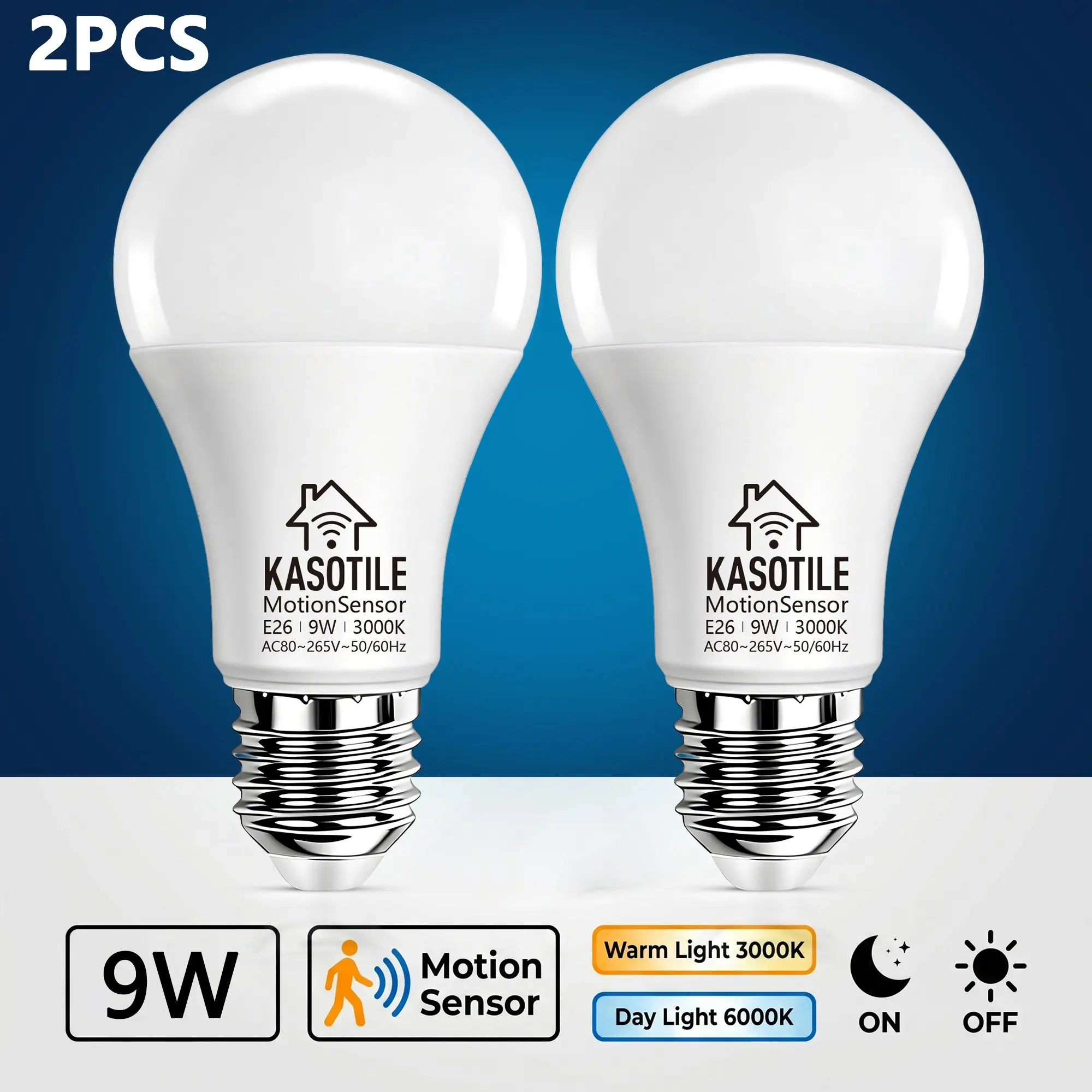 Kasotile Microwave Motion Sensor Bulb, E26 Base, 3000k Warm Light, Auto Switch, Ideal for Porch, Garage, Stairs, Closet, Hallway, Garage Led Lights
