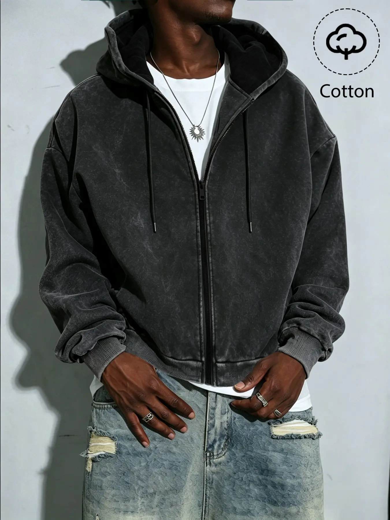 Men's Trendy Cotton Zipper Hoodie, Distressed Fabric, Daily Casual Wear, Street Fashion Choice, Perfect for Fall Winter, Comfortable