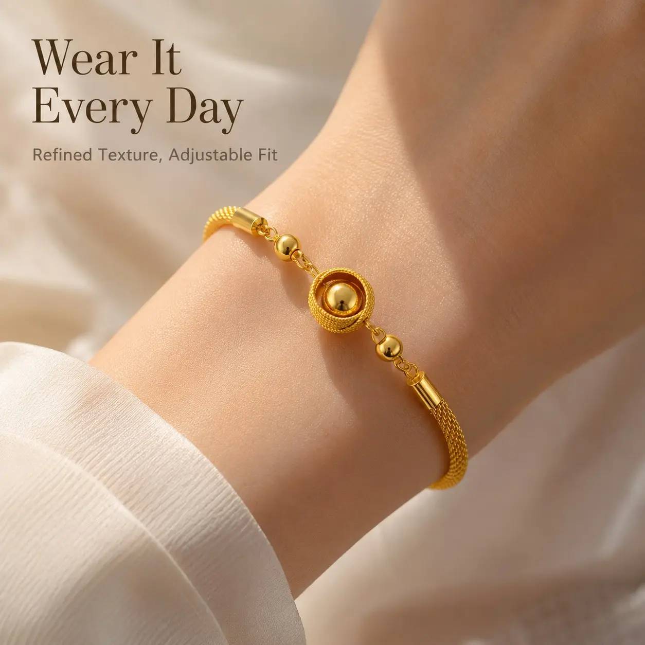 Women's Gold-Tone Woven Chain Bracelet - Adjustable, Lightweight Vintage Costume Jewelry with Nest-Inspired Orb Center, Ideal Gift for Women