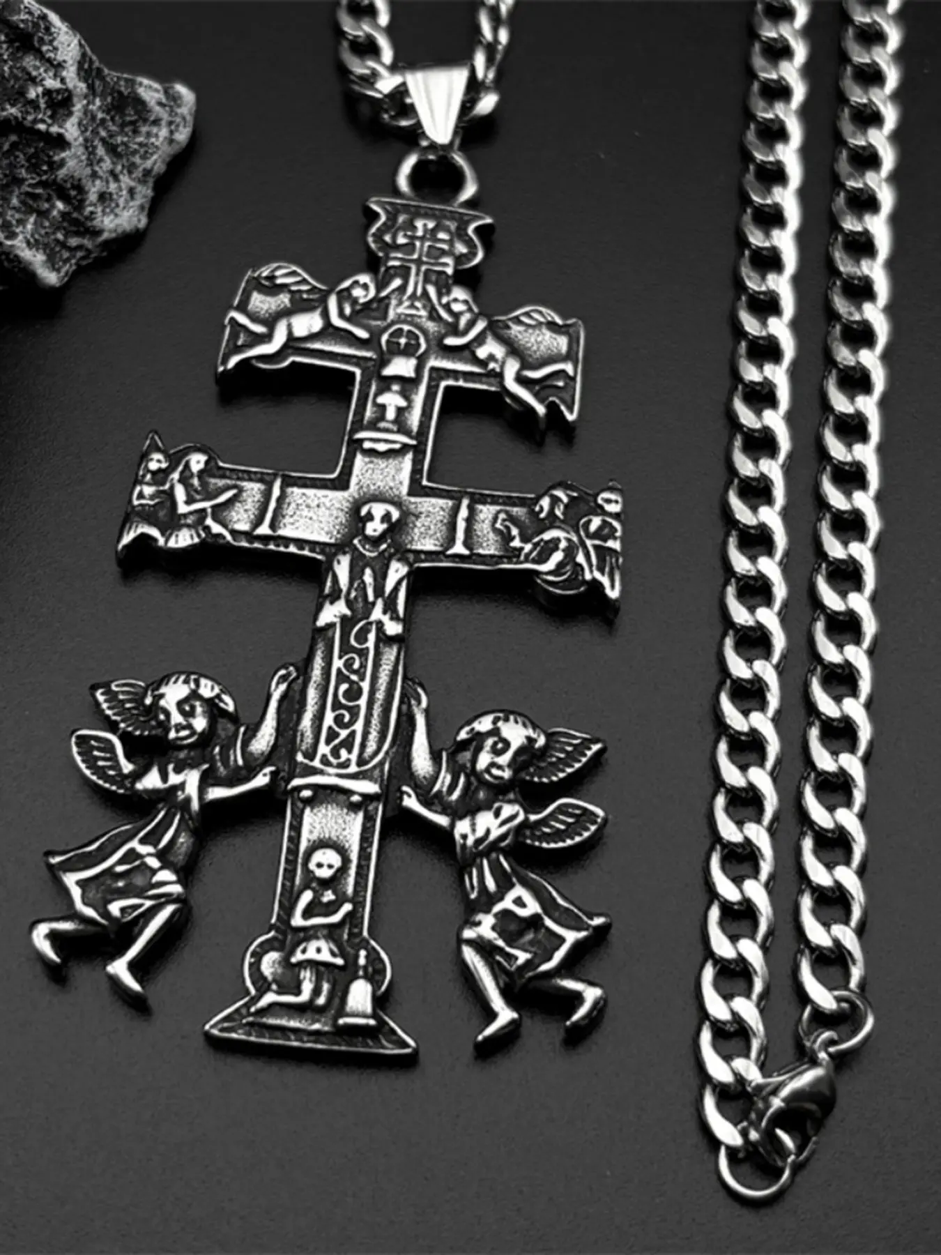 Catholic INRI Caravaca Cross Jesus Crucifix Cherub Angel Necklace for Women Men Stainless Steel Orthodox Russia Gift Cross Necklaces
