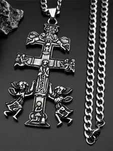 Catholic INRI Caravaca Cross Jesus Crucifix Cherub Angel Necklace for Women Men Stainless Steel Orthodox Russia Gift