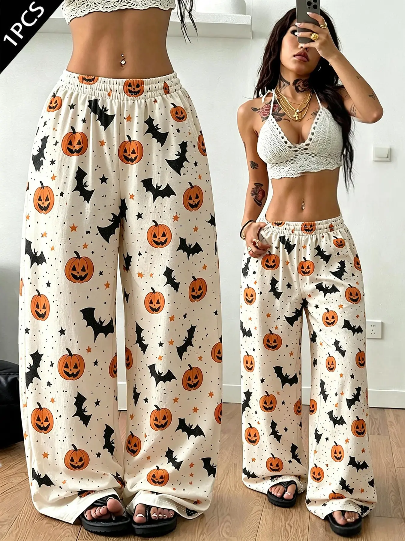 1Pc Women’s Halloween Pumpkin Bat Print Wide Leg Lounge Pants Elastic Waist With Pockets Casual Sleepwear For Home Halloween Party