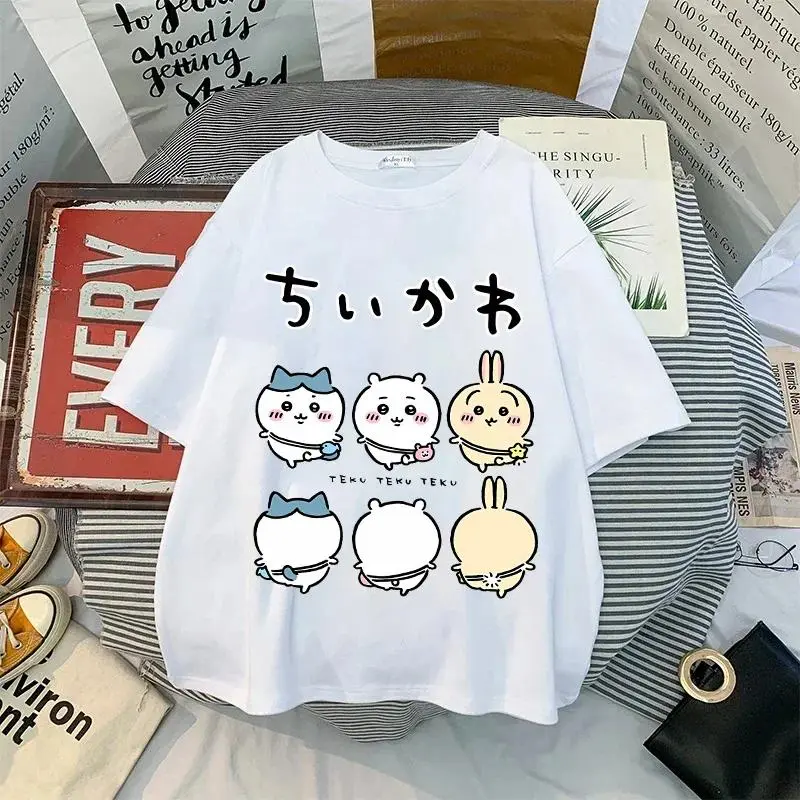 Chiikawas T-shirt Women Men Round Neck Cotton Breathable Short Sleeve Tees Usagi Cartoon Anime Figure Print Tops Clothing Gift