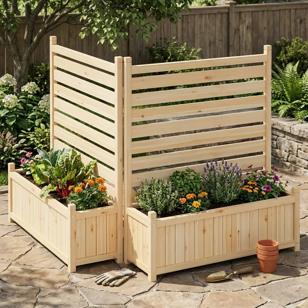 2 Pack Weather Resistant Wooden Privacy Fence with Planter Boxes, Freestanding Decorative Garden Screen, Outdoor Partition Hides AC Unit Trash Can with Flower Pots