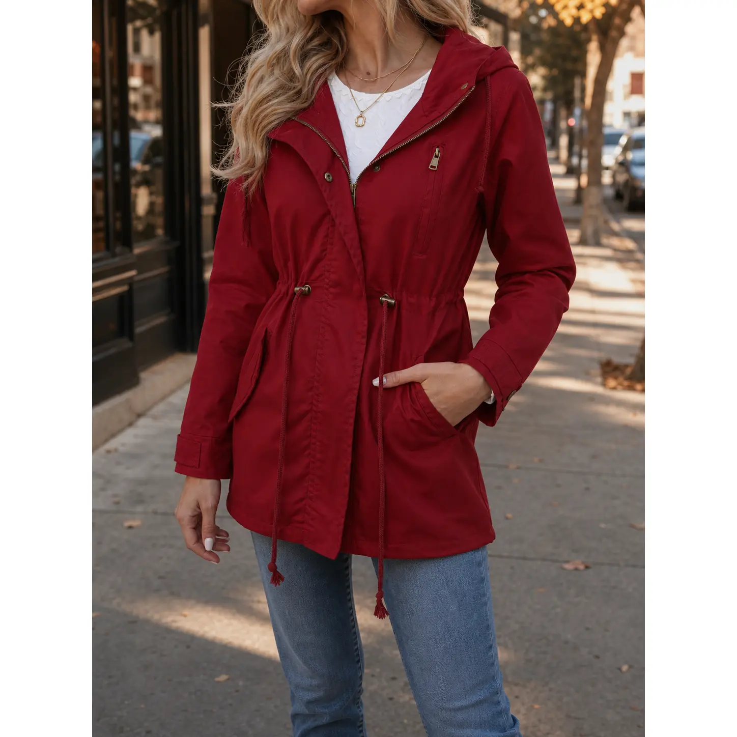 Cozy Cotton Hooded Trench Coat For Women Loose Fit Urban Style Spring Fall Outerwear With Pockets Mid Length Long Sleeves Solid Color Zipper Closure Plus Size S To 4XL Everyday Essential