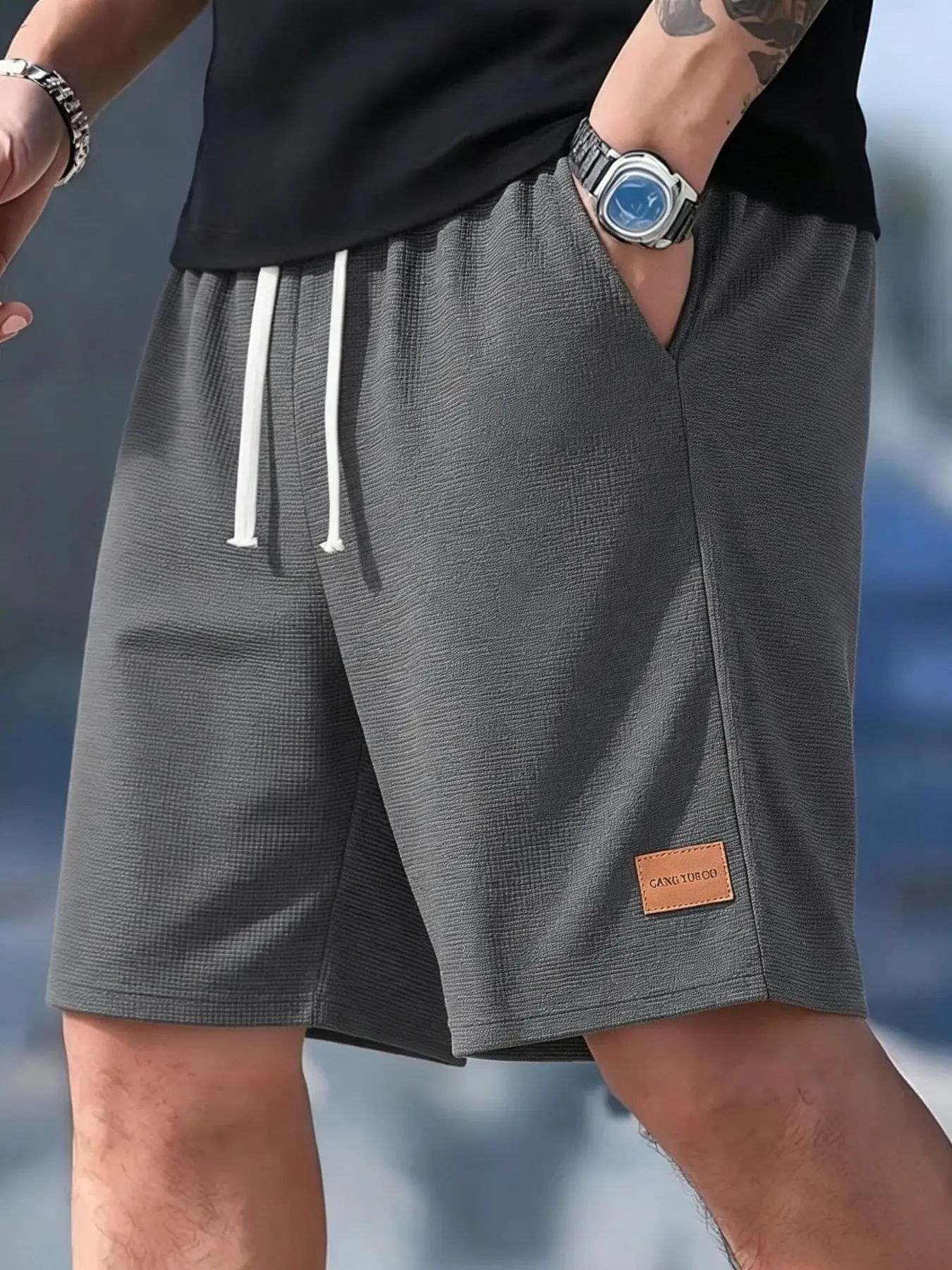 Men's Waffle Texture Casual Oversized Plain Beach Shorts, Adjustable Waist Drawstring, Side Pockets, Back Pocket, Ideal for Daily Wear, Beach, Outdoor Activities, Parties