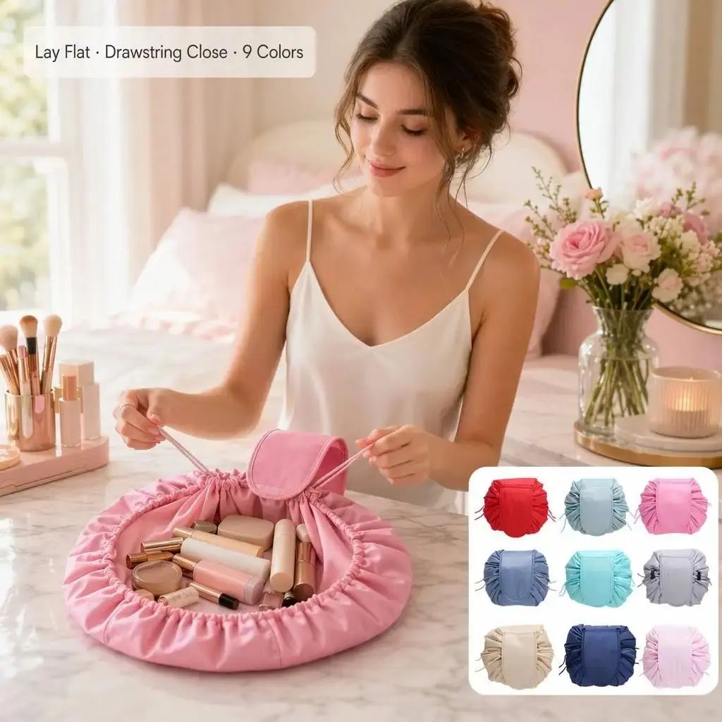 Women's Polyester Waterproof Flat-Style Lazy Drawstring Makeup Bag - Travel Functional Bag with Hidden Zipper Pocket, Ideal Gift for Ladies