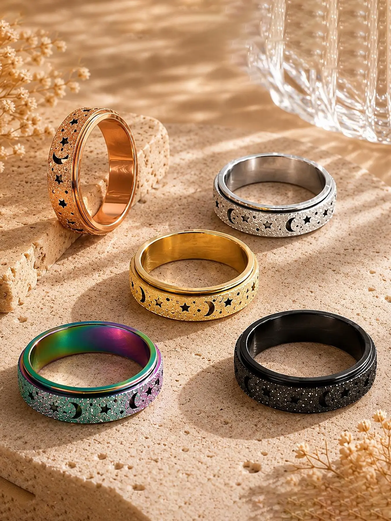 1 Stainless Steel Spinner Ring — Unisex, 6mm Rotatable Design featuring Moon and Star Motifs — Stress and Anxiety Relief Anti Anxiety Jewelry — Spinning Metal Fidget Ring — Fashion Jewelry Accessory Stainless Steel Rings