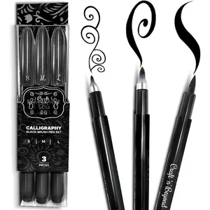 Calligraphy Brush Pens Pack of 3 Small, Medium and Large Markers for Hand Lettering, Art Drawing, Sketching, Scrapbooking, Writing, Journaling - Beginner Kit with Fadeproof Black Ink