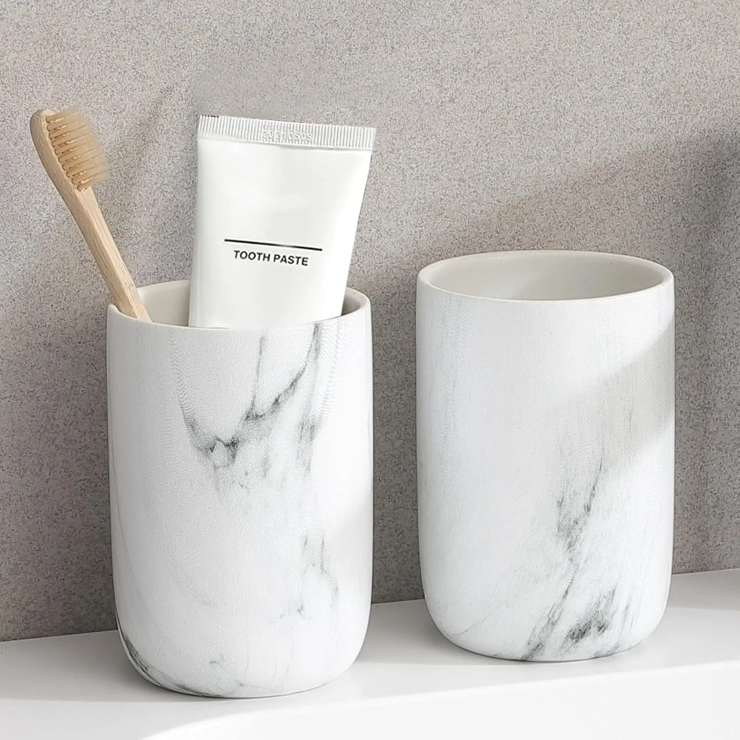 Marble Toothbrush Holders - 2 Toothbrush Holders for Bathrooms Toothbrush Toothpaste Holders Set, White Cups Reusable Toothbrush Mouthwash Cup, Counter Organizer.