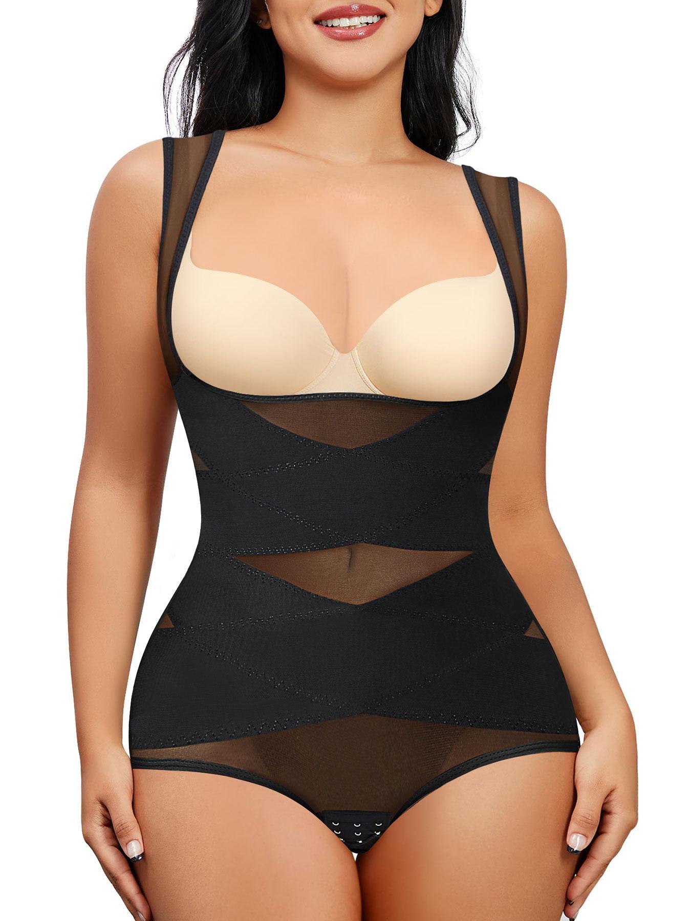 Women's Solid Color Open Bust Adjustable Hook & Eye Closure Crotch Shapewear Bodysuit, Breathable Comfortable Tummy Control High Waist Shaping Push Up Chest Shaper Bodysuit