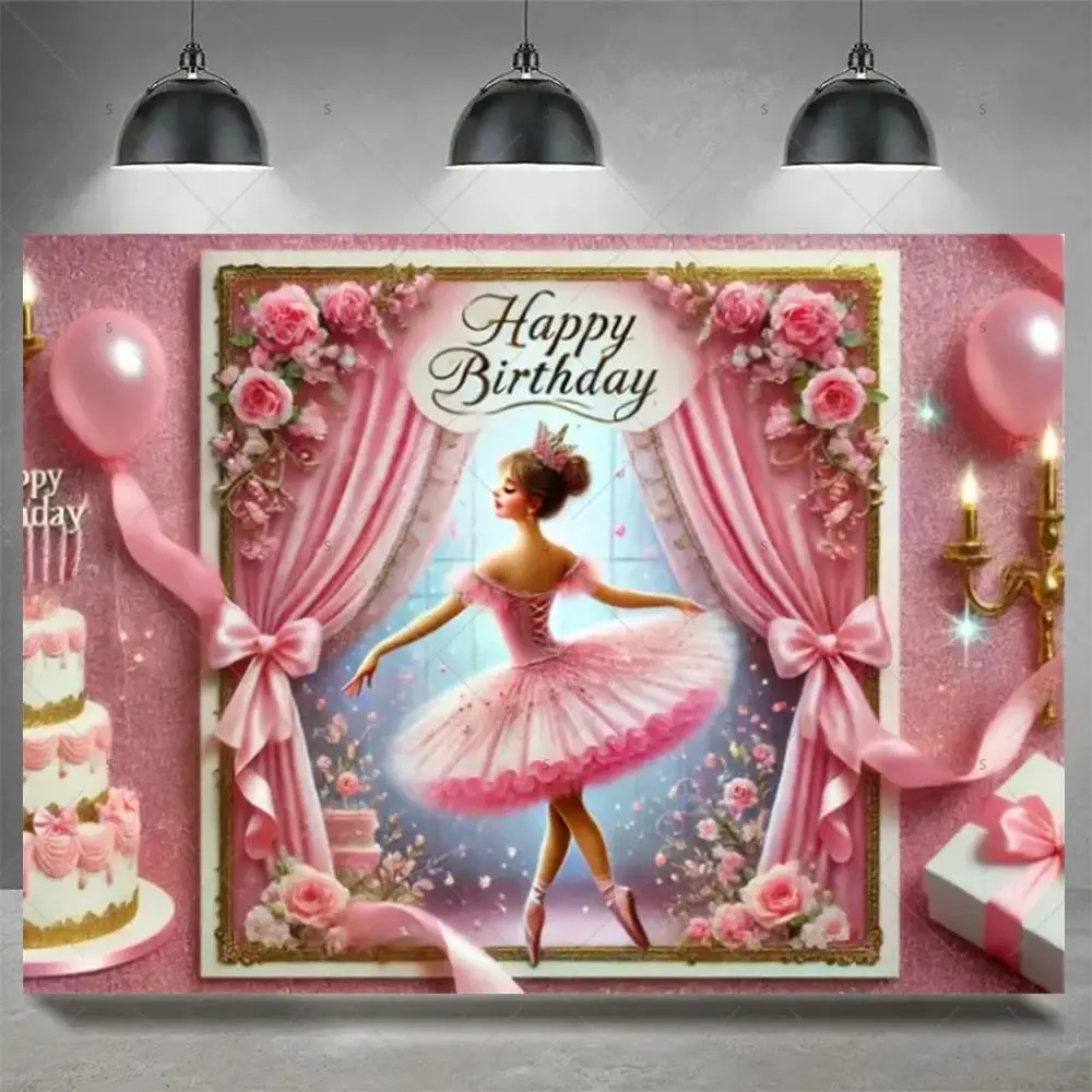 Ballet Princess Backdrop Party Backdrop Polyester Fabric Birthday Decoration Photo Backdrop Wall Decor Photography Background Pink Gold Celebration Event Banner Studio Prop Elegant Party Scene
