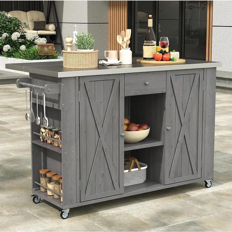 Outdoor Kitchen Island with Wood-Stainless Steel Top, 52x28x36in Space-Saving Portable Modern Design, Adjustable Solid Fir Elements, Foldable Top, Ample Storage, Durable Garden Cabinet for Watch Parties, No Fire Safety Label, Assembly Required