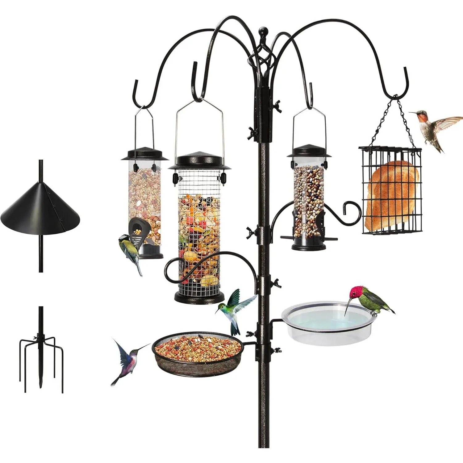 6-Hook Bird Feeding Station, Multi-Feeder Kit Stand for Attracting Wild Birds w/ 4 Bird Feeders, Bath Bowl, Mesh Tray and Squirrel Baffle,94 Inch