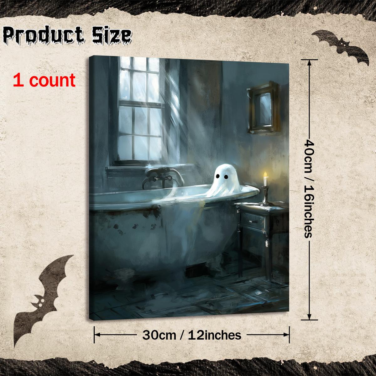 Ghost in The Bathtub Pattern Canvas Painting Framed, 1 Count Halloween Themed Modern Wall Art Painting, Wall Art Decor for Home Living Room Bedroom Office