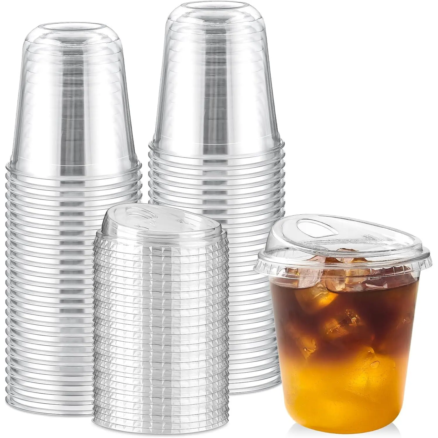 50 Pack - 12 oz Round Bottom Clear Plastic Cups with Sip  | Disposable Iced Coffee Cups with Strawless , To Go Matcha Cups, Iced Latte Cups, Smoothie Cups, Party Drink Cups