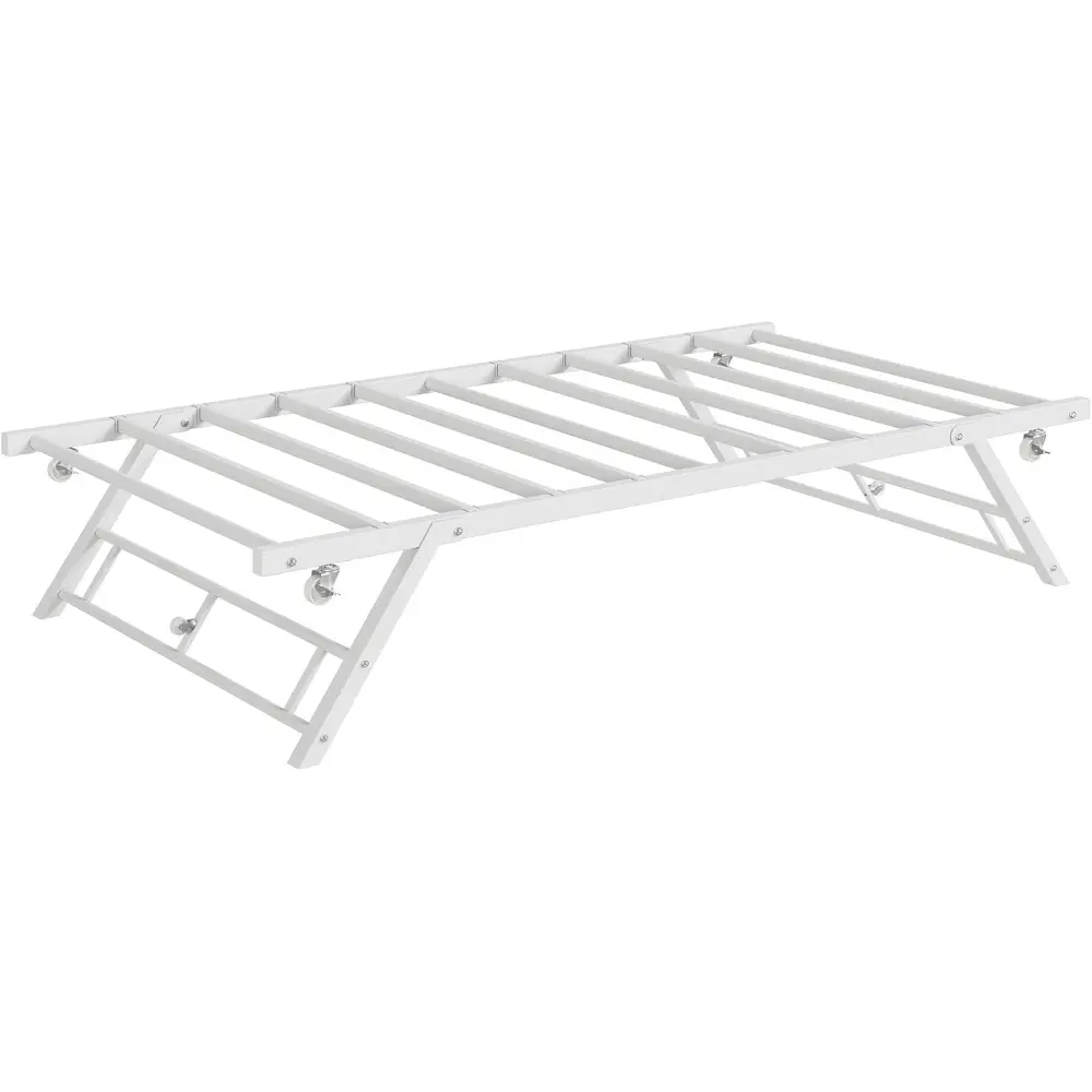 Stand Up Trundle Day Bed, Pop Up Trundle with Lockable Casters | Twin Trundle Bed Frame,Metal Slats Support,Lockable Casters,Space Saving,For Living Room,Bedroom,Easy Assembly,White