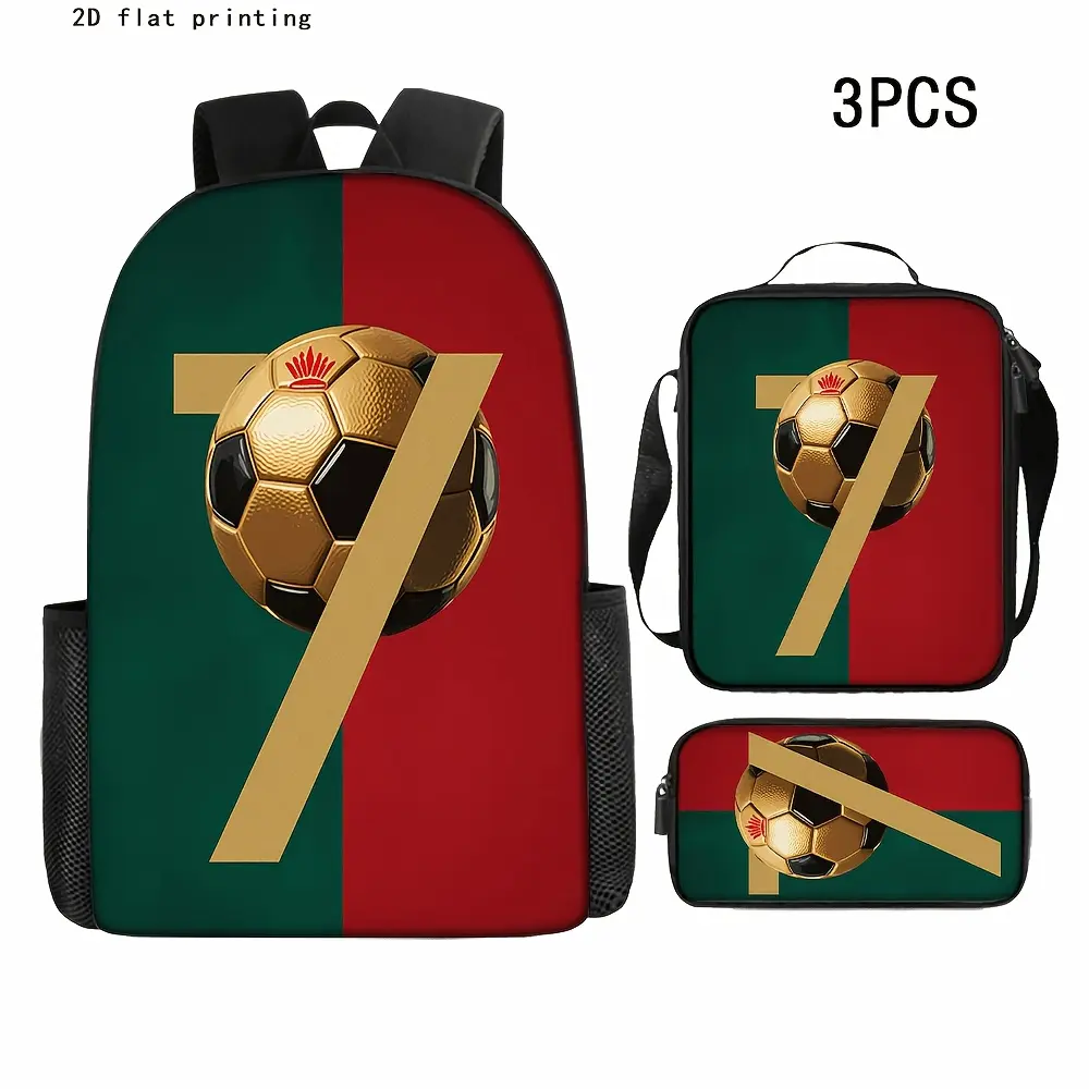 Portugal Flag Number 7 Golden Soccer 3PCS Bucked Up Backpack Set, 600D Oxford 15 Inch Laptop Bag with Lunch Box Pencil Case Padded Straps Travel School Gift for Football Sports Fans