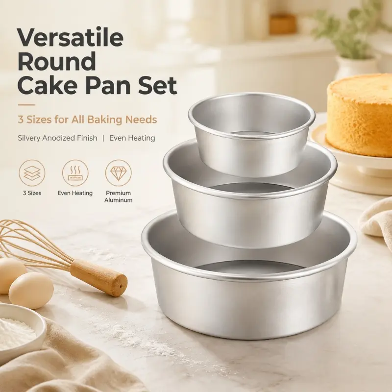 3-piece round aluminum cake pan set with removable bottoms, three sizes, evenly heated anodized baking pans, perfect for homemade chiffon cakes, Bakeware