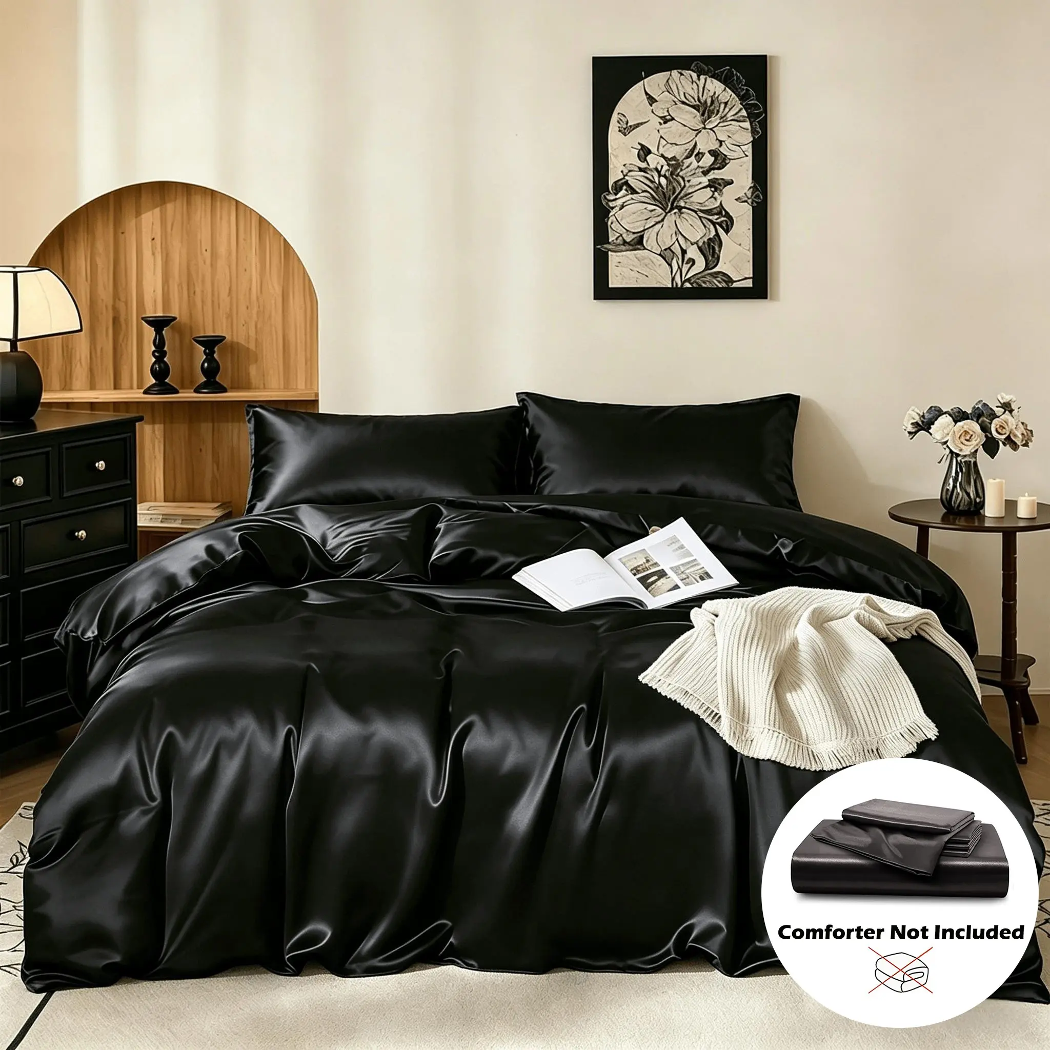 Luxury Satin Bedding Set, 3-Piece Suite with 90g Solid Duvet Cover and Two Pillowcases, Elegant Home Decor Bedroom Linen Set