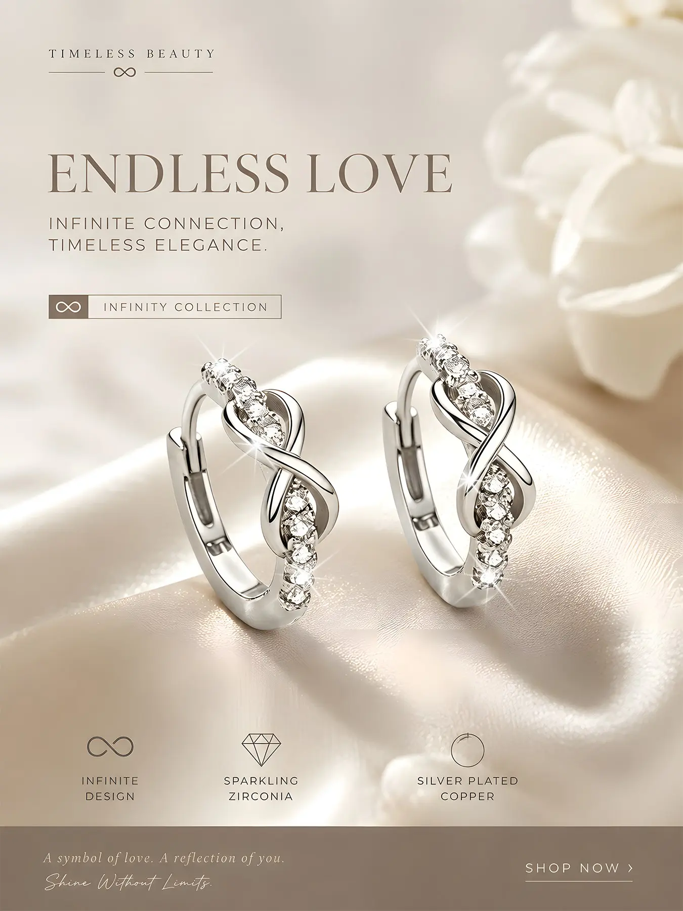 A pair of 925 silver plated earrings with infinite symbols, inlaid with cubic zirconia, nickel-free, anti-allergic, ear buckle, suitable for daily wear, perfect gift for friends, birthdays, Sparkling ear jewelry