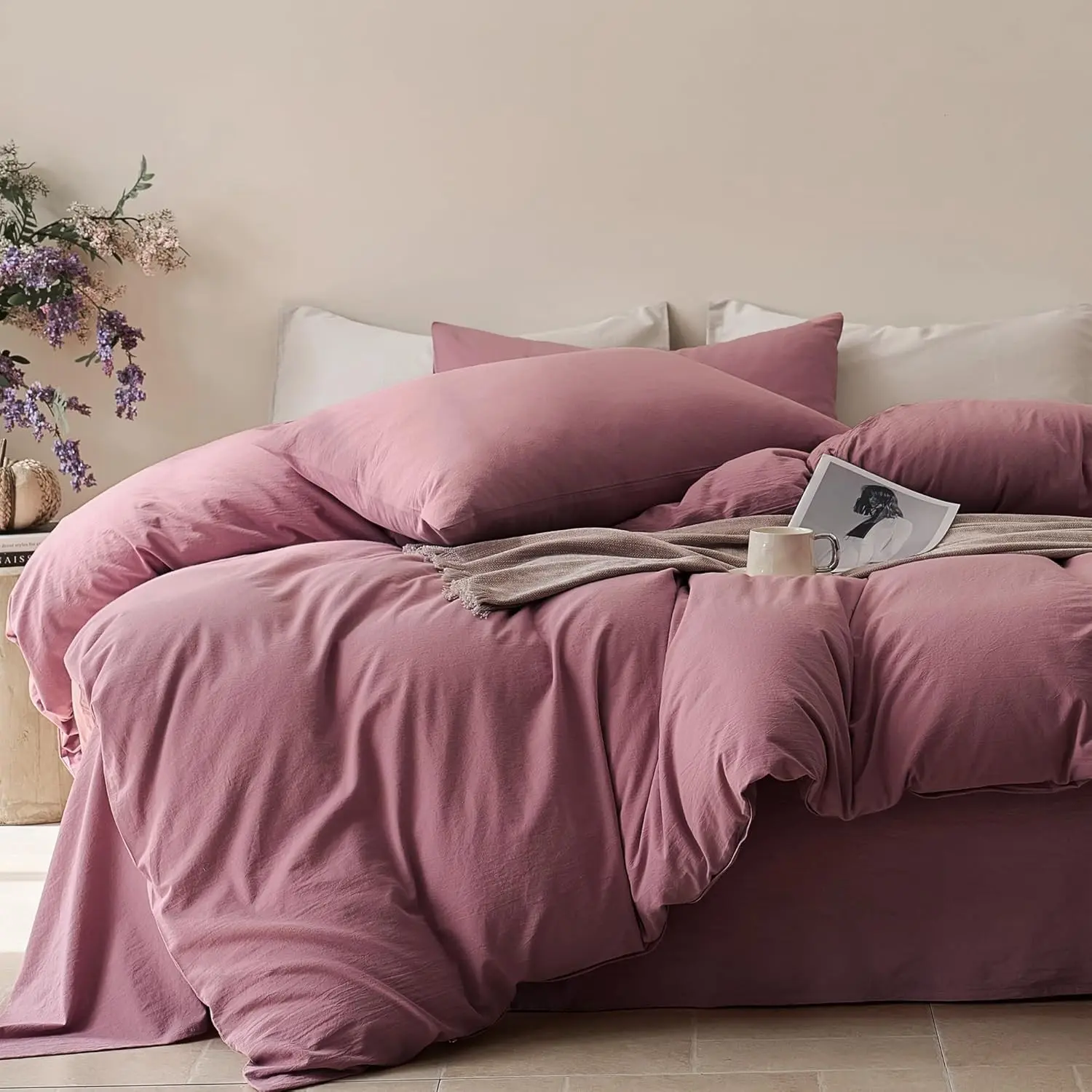 100% Cotton Queen Duvet Cover Set, Washed Linen-Like Texture | Pre-Shrunk, with Natural Wrinkles, Wide Zipper Opening, Colorfast,8 Reinforced Ties,1 Duvet Cover&2 Pillowcases