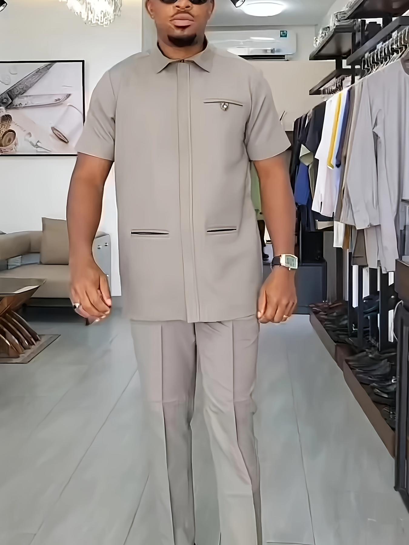 African Dashiki Men's Set, Short Sleeve Workwear Style, Zippered Cardigan, Ethnic Style, Elastic Waist Pants, African Clothing, Big & Tall Men's Set, Men's Casual Shirt and Pants 2pcs Set, New Four-Season Style 1 Set, Street Style, Party, Wedding