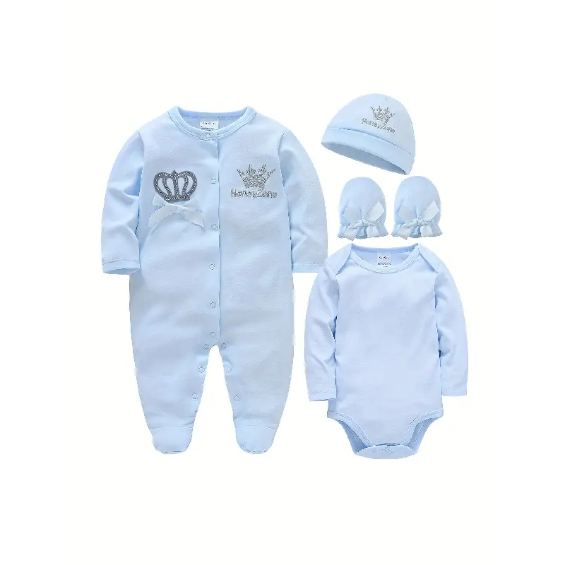 Baby Boy Autumn Spring Long Sleeve Four Piece Set with Footed Romper Hat Gloves Onesie Outdoor Essentials